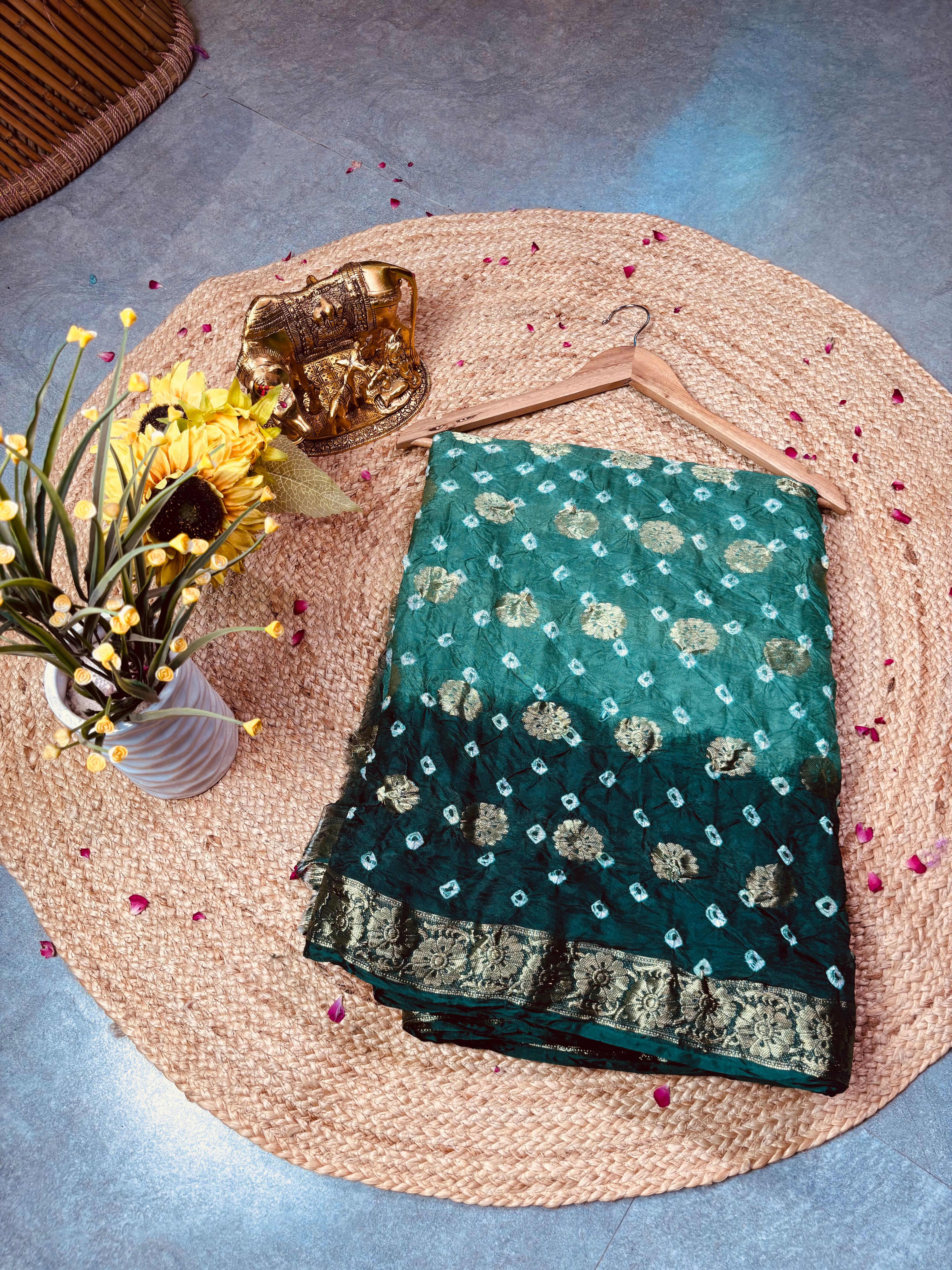 Bottle Green Flower Zari Saree