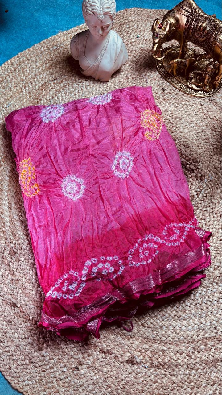 Carrot Pink Zari Bandhani Saree