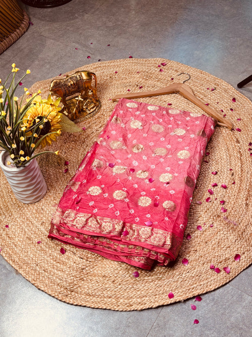 Carrot Pink Flower Zari Saree