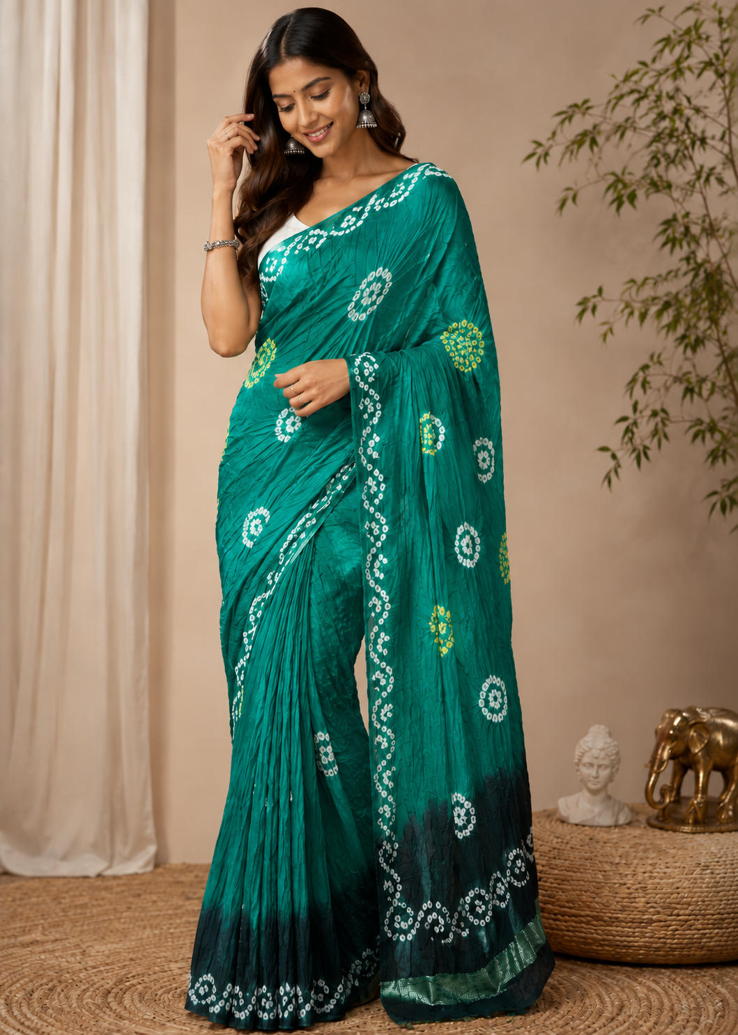 Bottle Green Zari Bandhani Saree
