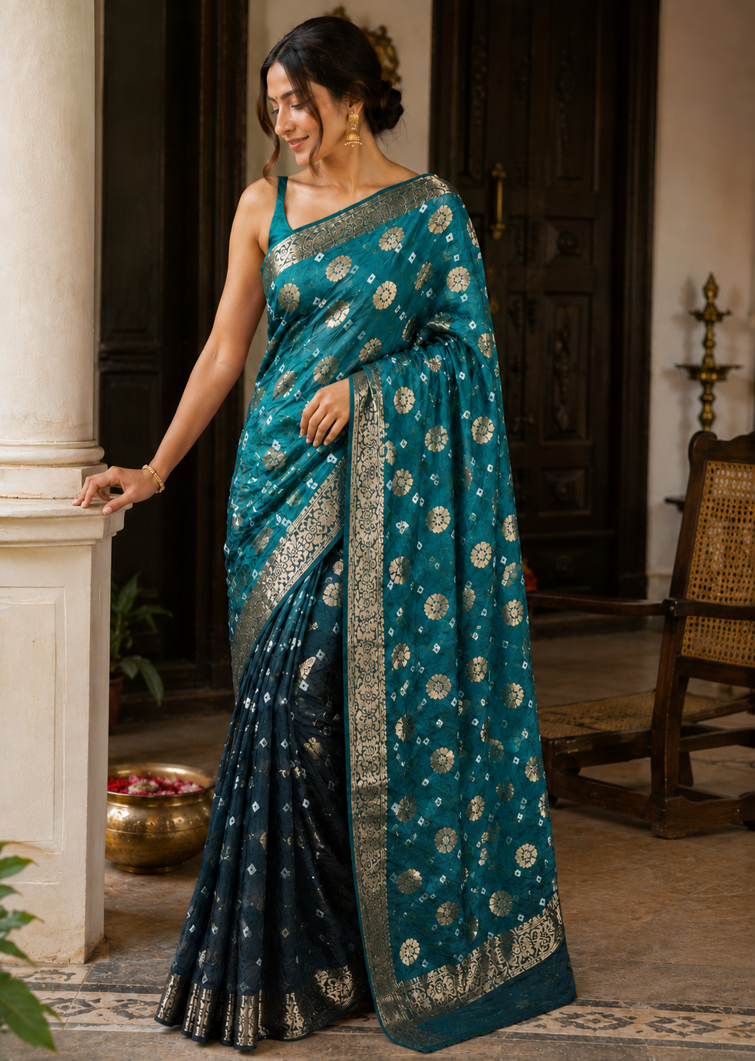 Bottle Green Flower Zari Saree