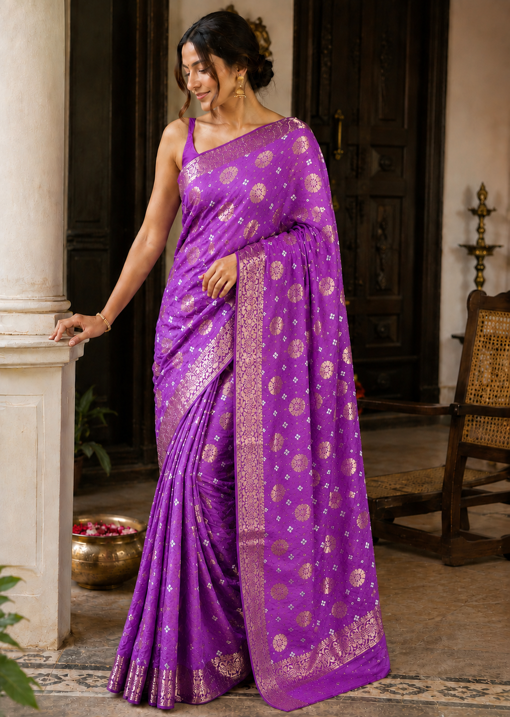 Purple Flower Zari Saree