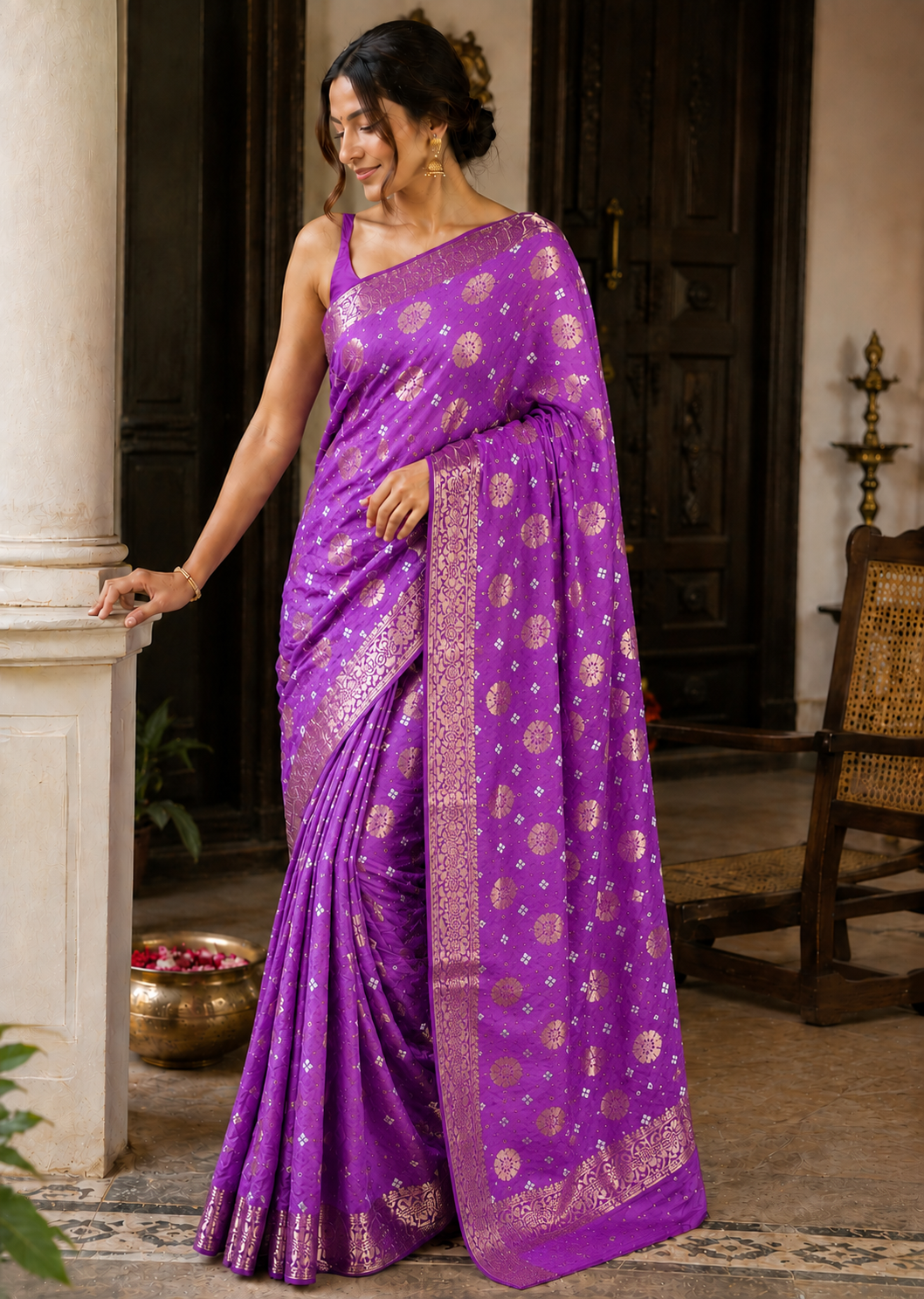 Purple Flower Zari Saree