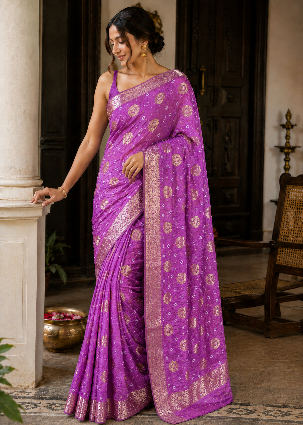 Onion Pink Flower Zari Saree