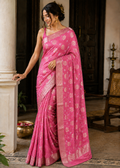 Carrot Pink Flower Zari Saree