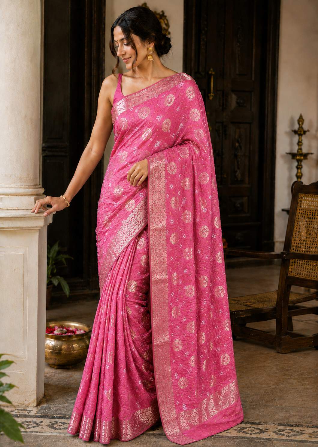 Carrot Pink Flower Zari Saree