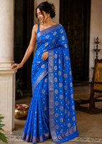 Royal Blue Flower Zari Saree