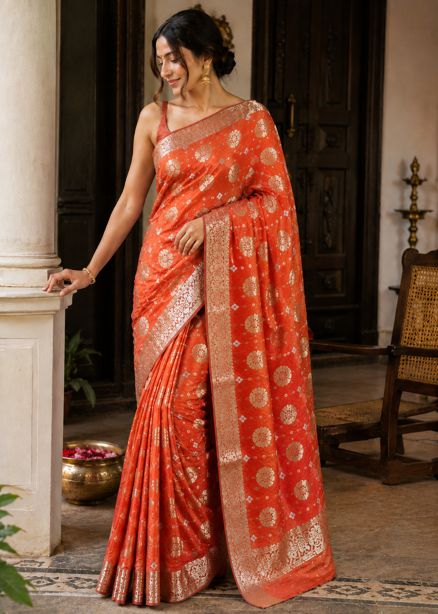 Orange Flower Zari Saree