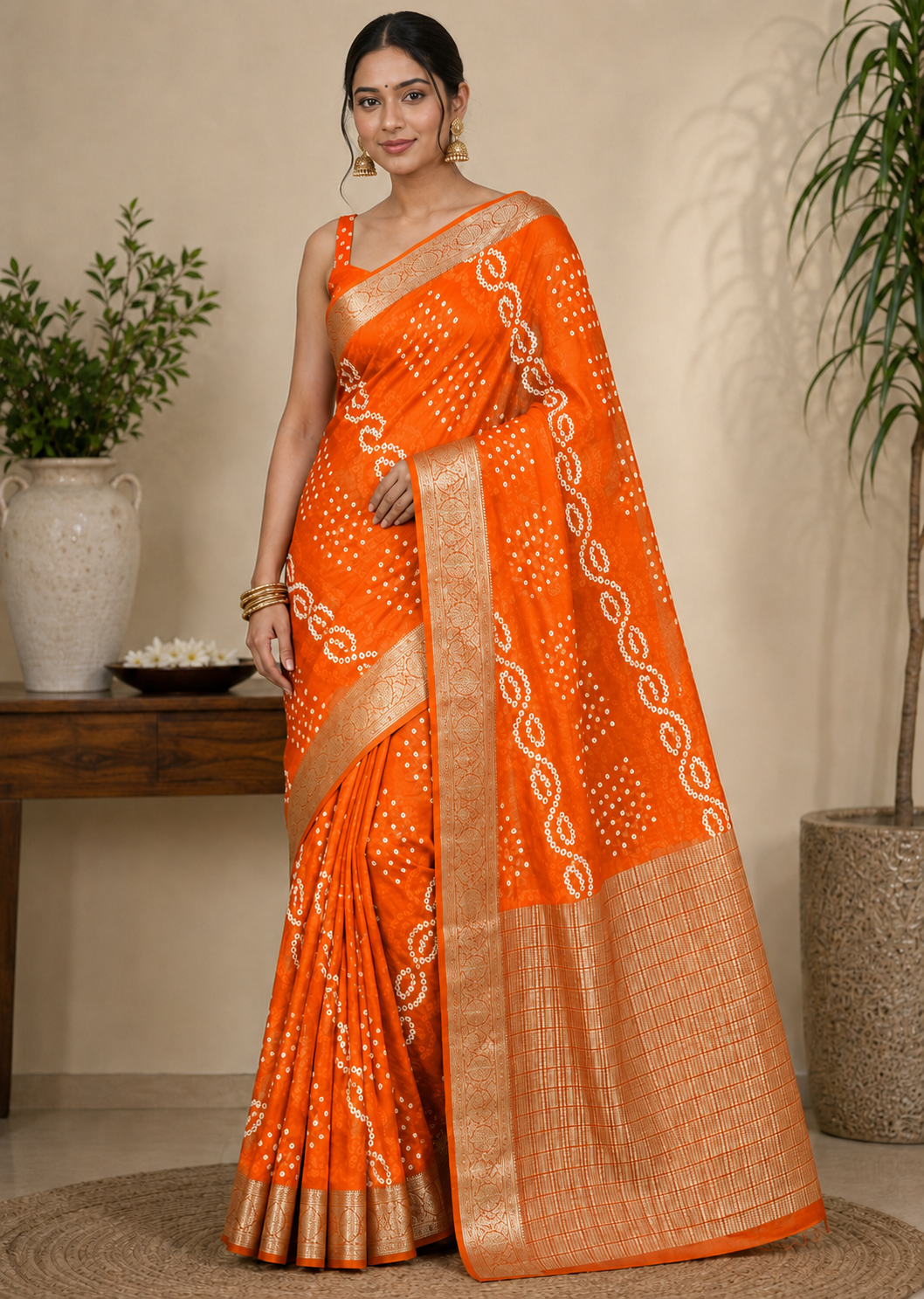 Orange Leher Zari Saree