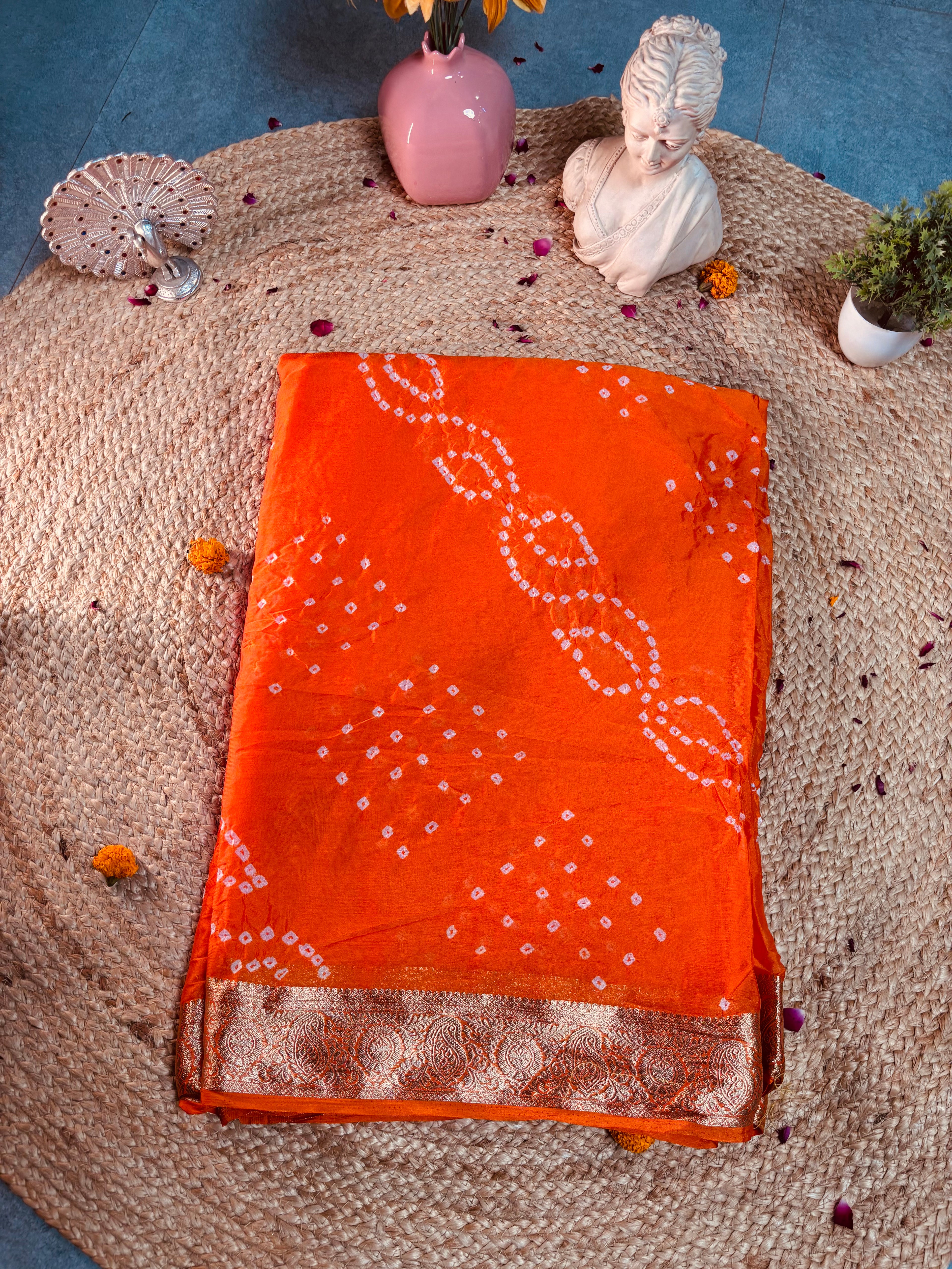 Orange Leher Zari Saree