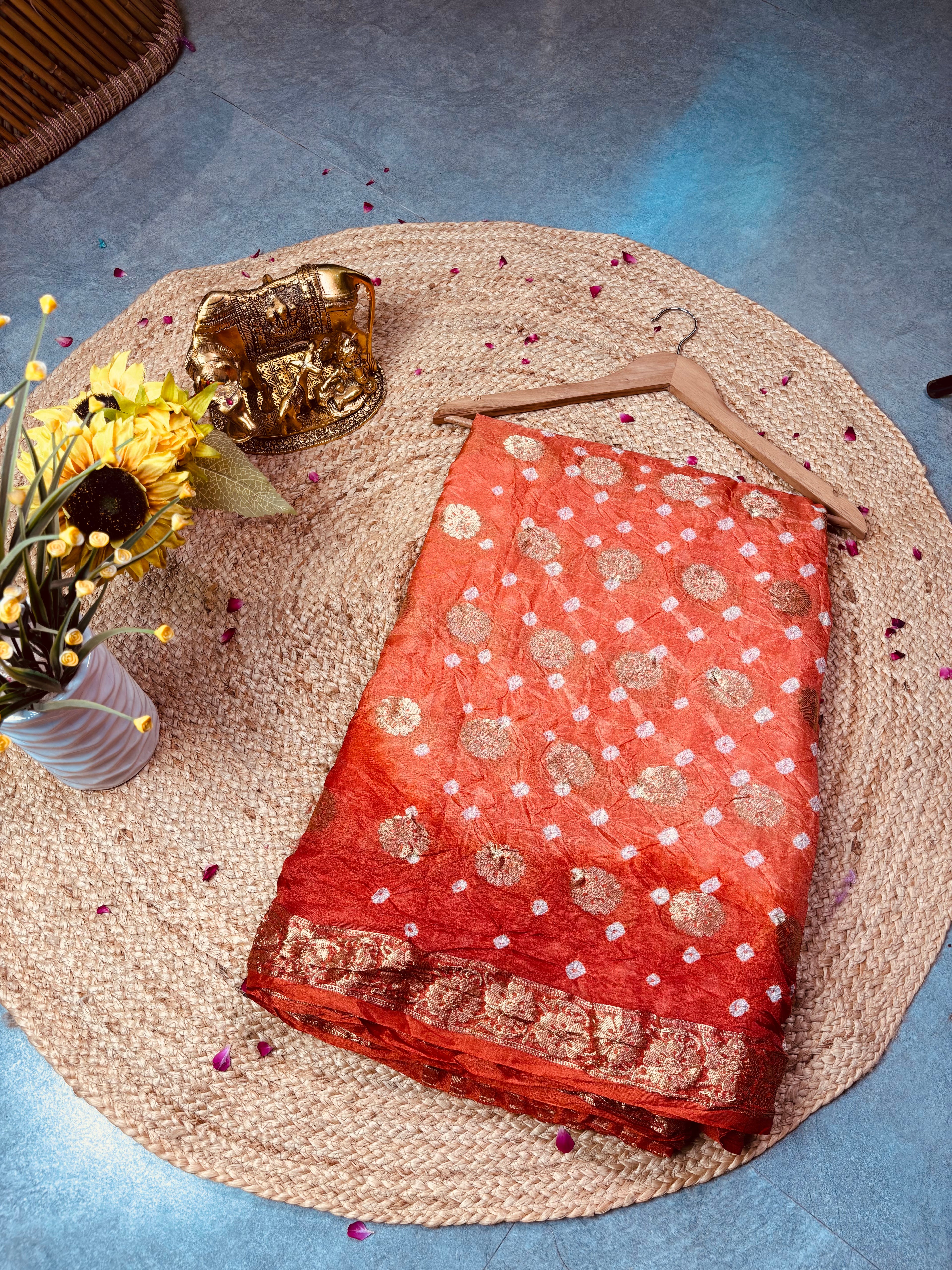 Orange Flower Zari Saree